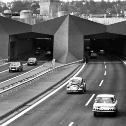 Autos fahren im Januar 1975 durch zwei Röhren des Elbtunnels. Links die fast fertiggebaute dritte Röhre.