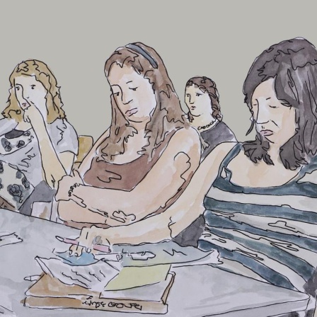 Zeichnung zu Folge 4: Jugendliche sitzen an Schulbänken und schauen gelangweilt auf ihre Handys.