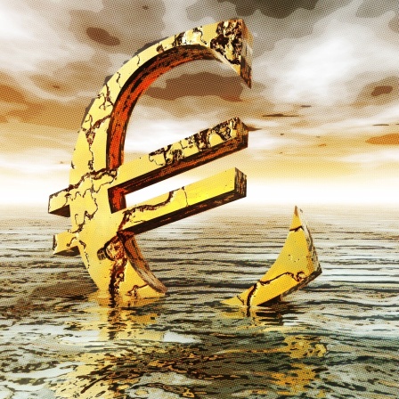 Angekratzter goldener Euro versinkt in düsterem Meer (Grafik): Will die EU ihre selbstgesteckten Klimaziele erreichen, müssen die Mitgliedsländer bis 2030 jährlich Investitionen in Höhe von 500 Milliarden Euro tätigen - und Schulden machen.