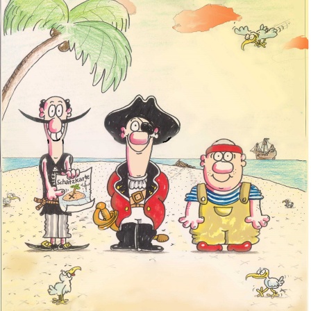 Drei Piraten stehen am Strand