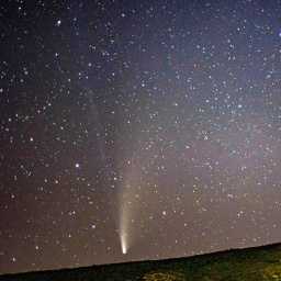 Der Komet Neowise vor einem hellen Sternenhimmel.