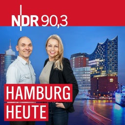 Ole Wackermann und Maiken Nielsen stehen vor einem Hintergrund, der den Hamburger Hafen und die Elphilharmonie am Abend zeigt, und lächeln in die Kamera.