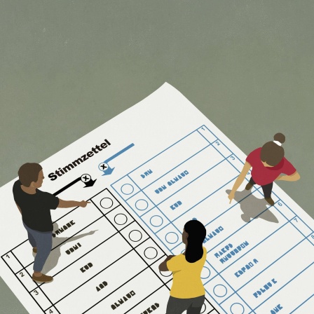 Illustration: Menschen unterhalten sich und zeigen dabei auf einen Wahlzettel auf dem sie stehen. 