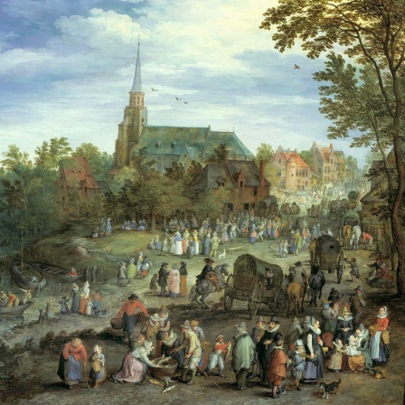 Dorf am Fluss (Kirchweih in Schelle), Gemälde von Jan Brueghel d- Älteren, 1614