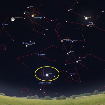 Grafik eines Winterhimmels: Sirius funkelt tief im Süden, darüber leuchten Orion, die Planeten Jupiter und Mars und der Mond. 