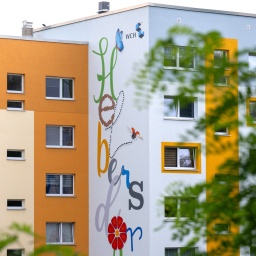 Sanierte, bunt bemalte Plattenbau-Gebäude mit Graffiti in Chemnitz im Stadtteil Helbersdorf im Heckert-Gebiet, erbaut 1974