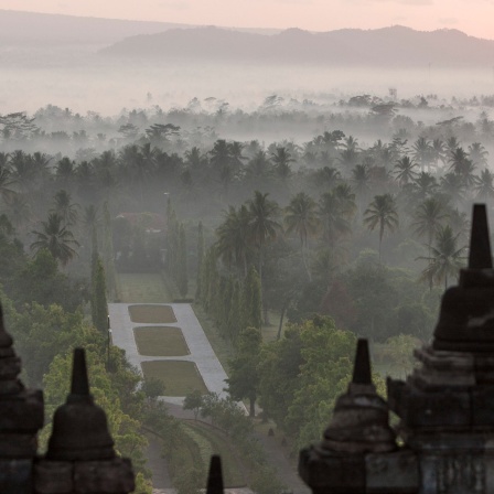 Blick von der Tempelanlage Borobudur auf die Landschaft der indonesischen Insel Java im Morgennebel