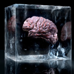 Studioaufnahme eines in Eiswürfel eingefrorenen menschlichen Gehirnmodells.