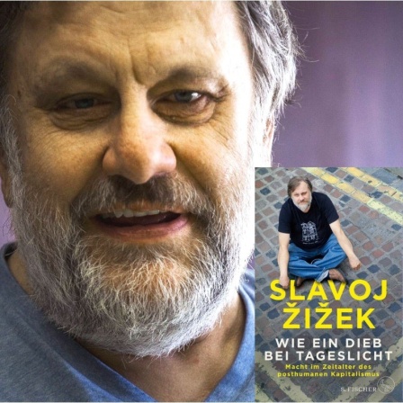 Zu sehen ist der Autor Slavoj Žižek und sein Buch "Wie ein Dieb bei Tageslicht"