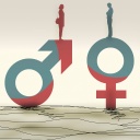 Frau auf Männersymbol gegenüber einem Mann auf Frauensymbol
