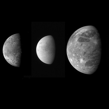Schwarz-Weiß-Aufnahme der vier galileischen Satelliten mit Langstrecken-Teleskop der Raumsonde New Horizons während ihres Vorbeiflugs am Planet Jupiter Ende Februar 2007.