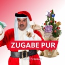 Satirische Fotomontage: Der Emir von Katar im Weihnachtsmann-Kostüm hält 100-Euro-Scheine in der Hand, im Hintergrund ein Weihnachtsbaum, der mit Euronoten und Kugeln mit dem Symbol der EU geschmückt ist
