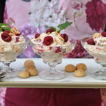 Sahnequark mit Amarettini und gefrorenen Himbeeren