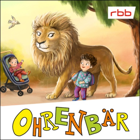 Bunte Zeichnung: ein fröhliches Mädchen im Park, hinter ihr ein freundlich lächelnder Löwe und ein Junge im Kinderwagen (Quelle: rbb/OHRENBÄR/Verena Körting)