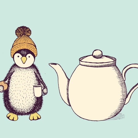 Altmodische Zeichnung einer Teekanne und eines Pinguins mit Mütze | Bild: Colourbox/Bearbeitung: BR