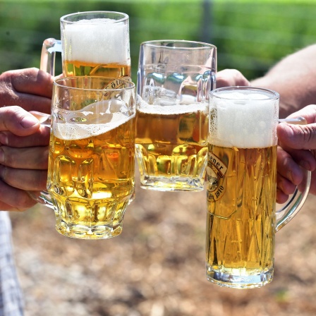 Männer stoßen mit Biergläsern an