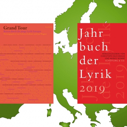 Buchcover links: Jan Wagner/Federico Italiano (Hrsg.): "Grand Tour. Reisen durch die junge Lyrik Europas", Buchcover rechts: Mirko Bonné/Christoph Buchwald (Hrsg.): "Jahrbuch der Lyrik 2019"