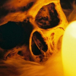 Ein Totenkopf wird durch das Licht einer Kerze angestrahlt.