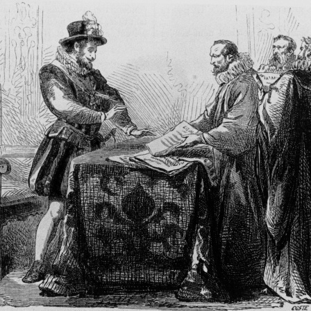Der französische König Heinrich IV. unterzeichnet 1598 Edikt Nantes - Édit de Nantes - Gravur von Charles Lahure aus dem Jahr 1862.