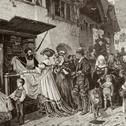 Illustration einer Szene mittelalterlichen Alltags mit städtischem Leben und Menschen, die am Stand eines Tuchhändlers anstehen.