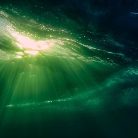 Sonnenstrahlen scheinen durch eine Wasseroberfläche.