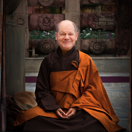Bildmontage: Olaf Scholz als buddhistischer Mönch in einem Tempelgarten