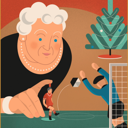 Die Illustration auf dem Buchumschlag von Rainer Moritz' Weihnachtsgeschichte "Fräulein Schneider und das Weihnachtsturnier" zeigt eine alte Dame, die mit einer Tipp-Kick-Figur einen Ball ins Tor schießt. Im Hintergrund ist ein Tannenbaum zu sehen.