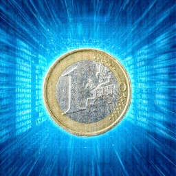 Eine 1-Euro-Münze vor einem digitalen blauen Raum, Symbolbild Digitale Währung, Digitaler Euro FOTOMONTAGE