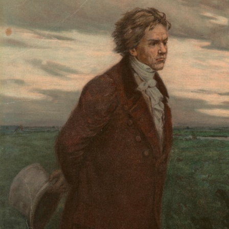 Öldruck "Beethoven als Spaziergänger" um 1890, nach einem Gemälde von Berthold Genzmer.