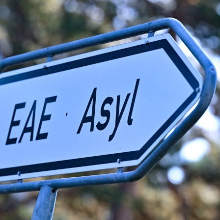 Auf einem Wegweiser steht "EAE" und "Asyl"
