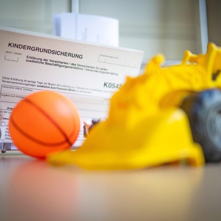 Ein Antrag für Kindergrundsicherung liegt hinter einem Ball und einem Spielzeugbagger (Bild: dpa / Detlef Heese)