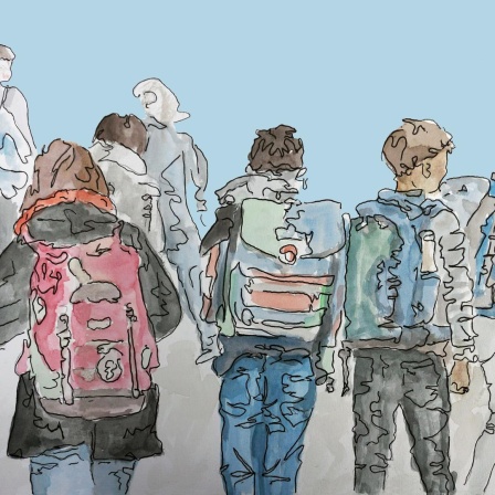 Zeichnung zu Folge 1: Schulkinder mit dem Rücken zum Zeichner, tragen Schulranzen und sind auf dem Weg zur Schule.
