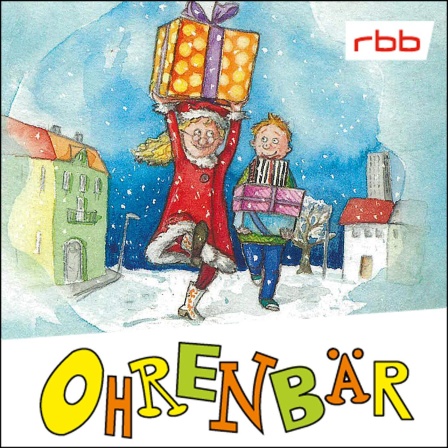 Bunte Zeichnung: Zwei Menschen laufen auf einer Straße durch den Schnee, sie tragen Weihnachtsgeschenke (Quelle: "Wenn das kein Weihnachten ist!", Boje Verlag)