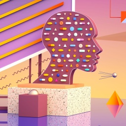 Digital generiertes Bild zeigt einen stilisierten Kopf mit Pillen und Medikamenten. Drumherum geometrische Objekte in verschiedenen Farben.