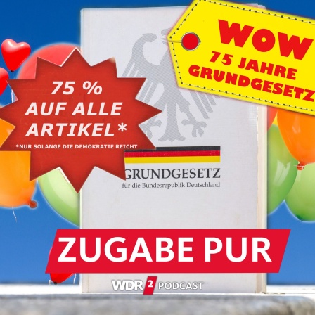 Satirische Fotomontage: Werbeflyer mit einer Ausgabe des Grundgesetzes