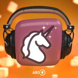 Einhorn auf lila Würfel, der Kopfhörer trägt, Hintergrund orange mit Würfeln