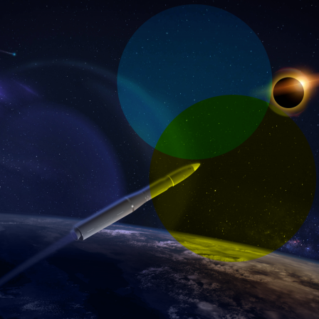 Eine Rakete, die sich von der Erde aus in den Weltraum bewegt. Im Hintergrund sind ein Sternenhimmel, eine Sonnenfinsternis und ein Komet zu sehen. Zudem überlappen sich mehrere halbtransparente Kreise in Blau, Grün und Gelb, die einen künstlerischen Effekt erzeugen. Die Szene vermittelt ein futuristisches und wissenschaftliches Thema, vermutlich in Bezug auf Raumfahrt oder Astronomie.