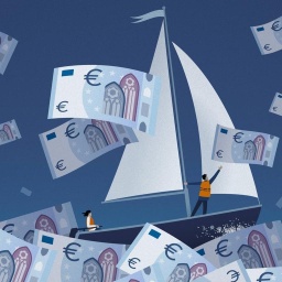 Grafik: Ein Paar segelt auf stürmischem Euro-Notenmeer.