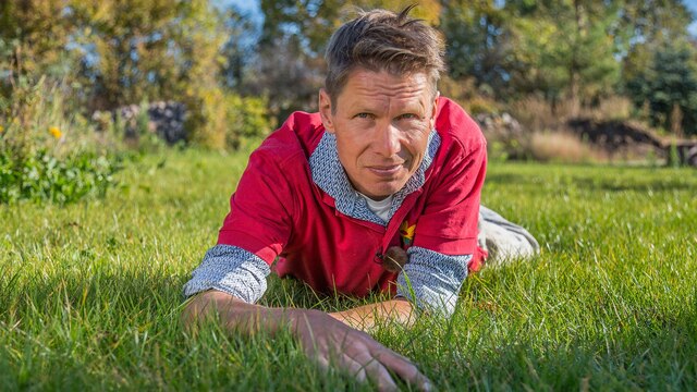Peter Rasch auf dem Grün, das für viele Gärtner jedes Jahr wieder ein Kampf um Sieg oder Niederlage ist - Gartenthema Nummer eins: Rasen.