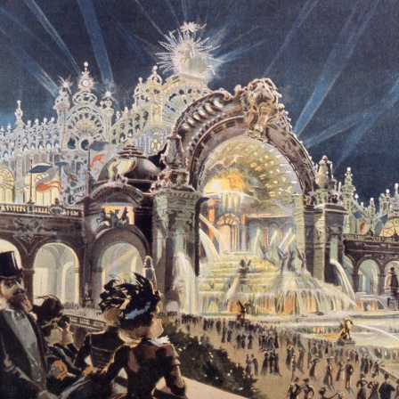 Eine kolorierte Zeichnung vom Palais de l'Electricité auf der Weltausstellung 1900 in Paris.