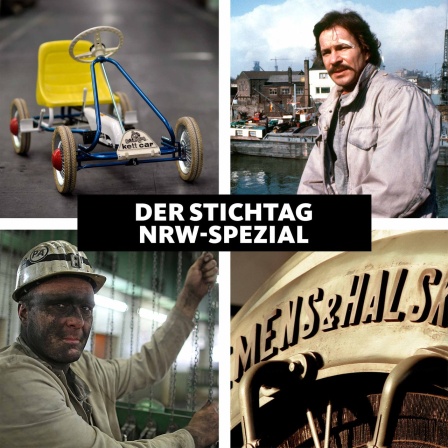 Collage: Ein Kettcar der Firma Kettler, Götz George als Tatort-Kommisar Schimanski, ein Bergmann und eine Turbine der Firma Siemens und Halske