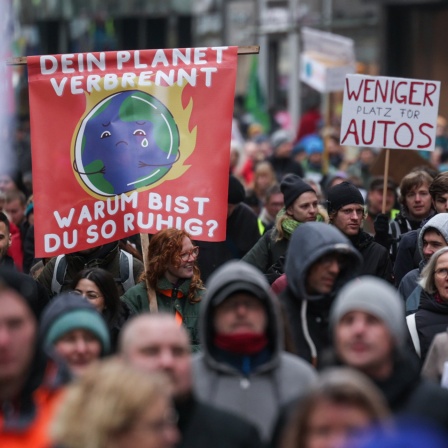 Demonstrierende von Fridays for Future mit Plakat: "Dein Planet verbrennt. Warum bist du so ruhig?"