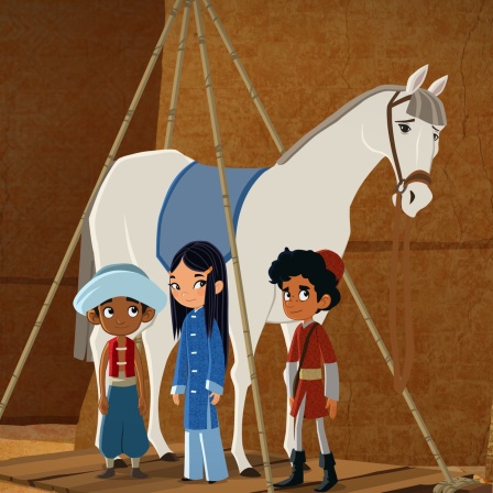 Luigi, Marco und Shila mit einem Pferd auf einem Aufzug stehend