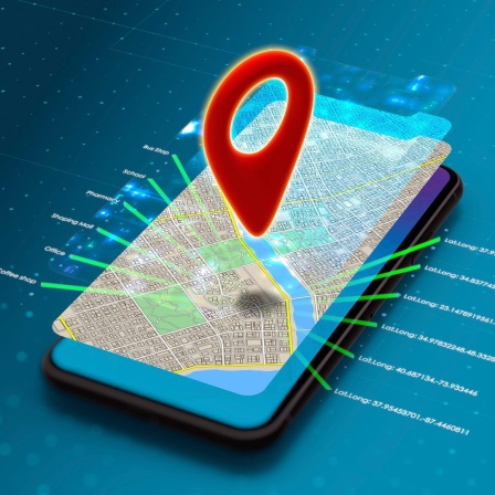 Illustration eines Smartphones vor blauem Hintergrund, mit verschiedenene Ebenen auf dem Bildschirm und einem Koordinatenpunkt.