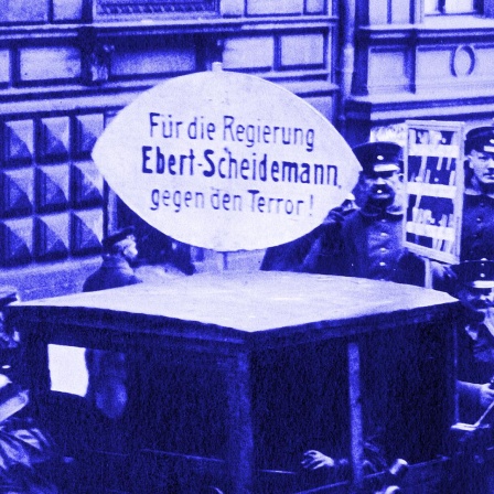 Wahlplakat mit der Aufschrift „Für die Regierung Ebert - Scheidemann, gegen Terror“, das Bild ist violett eingefärbt