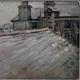 Das Beitragsbild des WDR3 Kulturfeature "Hutchinson Internment Camp" zeigt ein Gemälde Kurt Switters "Hausdaecher in Douglas, Isle of Man".