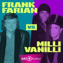 Auf einem farblich geteilten Bild sind links Frank Farian und rechts die beiden Jungs von Milli Vanilli zu sehen