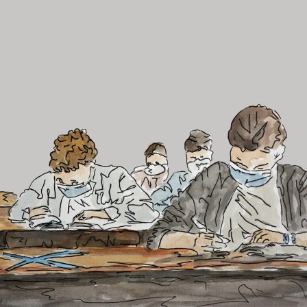 Zeichnung zu Folge 6: SchülerInnen sitzen mit Mundschutz in einer Klasse und schreiben eine Klassenarbeit.