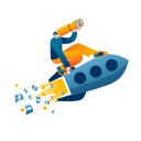 Illustration: Ein Mann fliegt auf einer Start-up-Rakete, aus der Geld regnet.