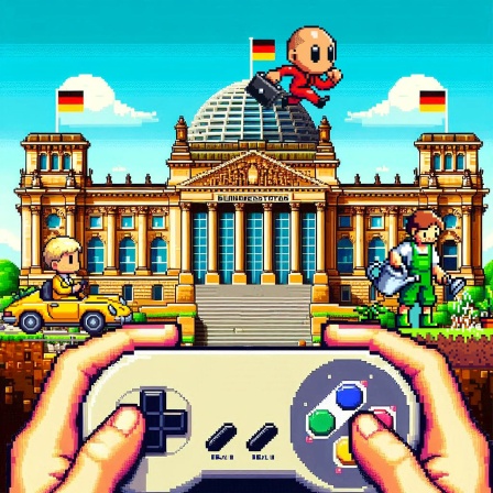 Satirische Montage: Der Deutsche Bundestag als Pixelart-Bild. Im Vordergrund sieht man zwei Hände, die einen Nintendo-Controller halten.